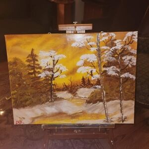 Bob Ross Inspired Golden Autumn Woodlands Sunset Oil Hand Painted Winter